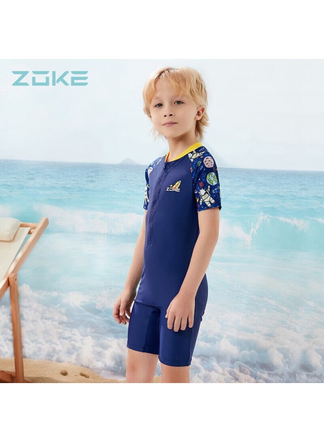 Zoke Children's Swimsuit, Boys' One-piece Square-leg, Solid Color Short-sleeve, Hot Spring, 122503544, Deep Purple, Size 10 - Image 1