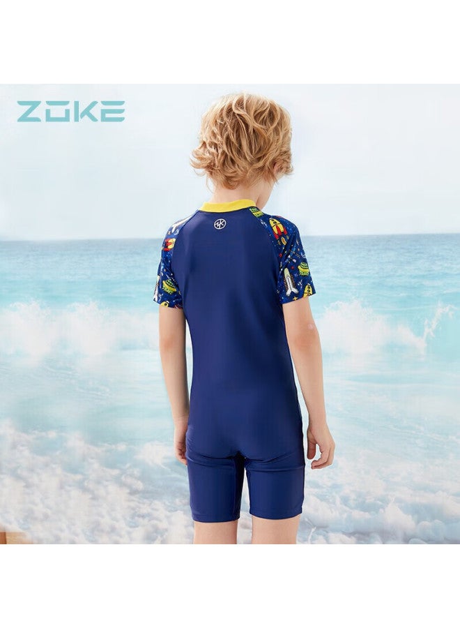 Zoke Children's Swimsuit, Boys' One-piece Square-leg, Solid Color Short-sleeve, Hot Spring, 122503544, Deep Purple, Size 10 - Image 5