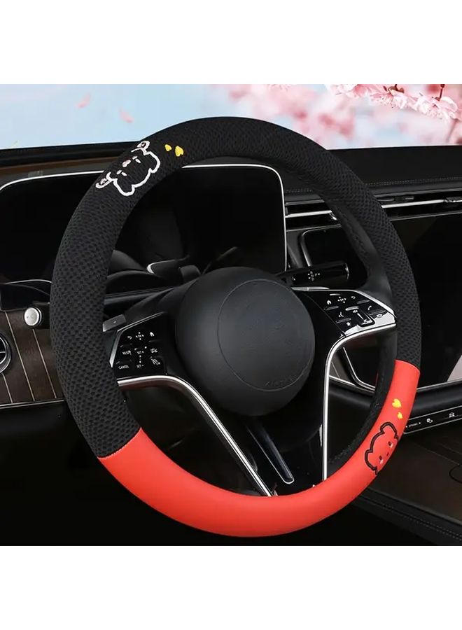 Black Red Embroidered Ice Silky Fiber Steering Wheel Cover 15 Inch Inner Ring Holiday Birthday Gift - Image 1