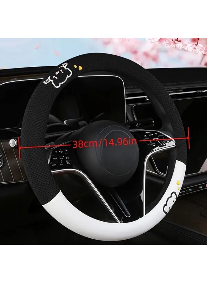 Black Red Embroidered Ice Silky Fiber Steering Wheel Cover 15 Inch Inner Ring Holiday Birthday Gift - Image 2