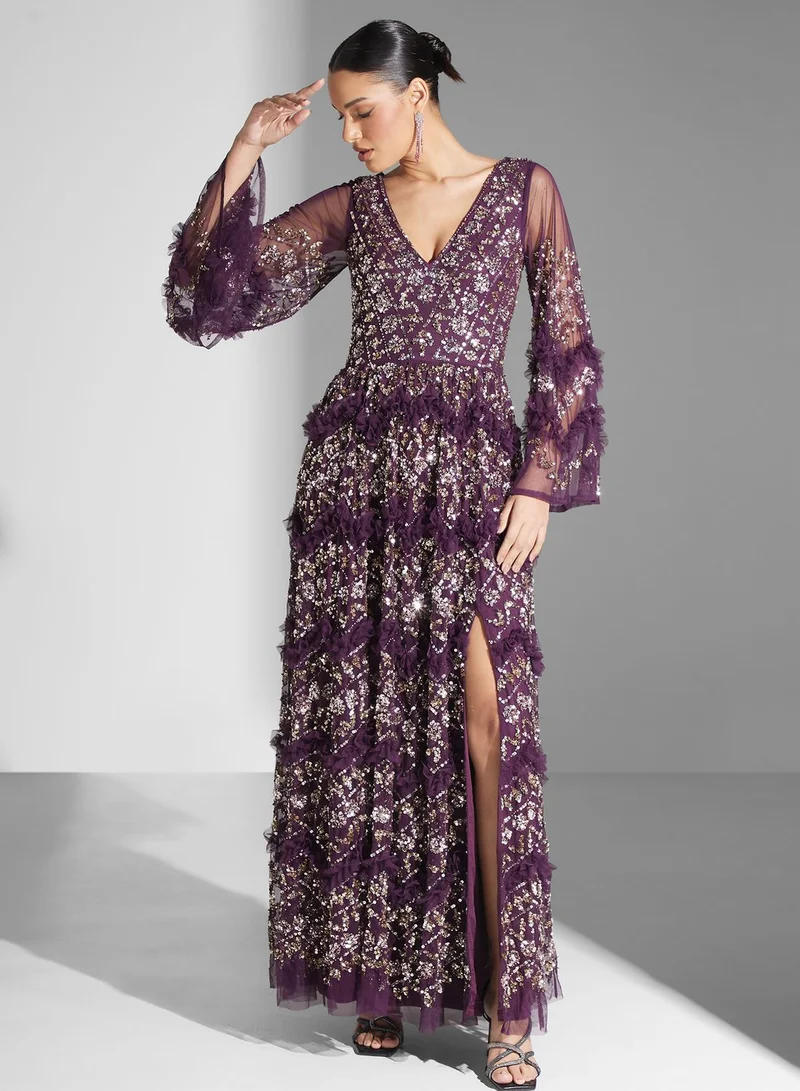 Maya Sequin Ruffle Gown Dress