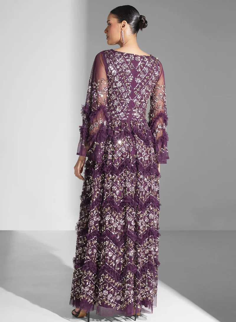 Maya Sequin Ruffle Gown Dress