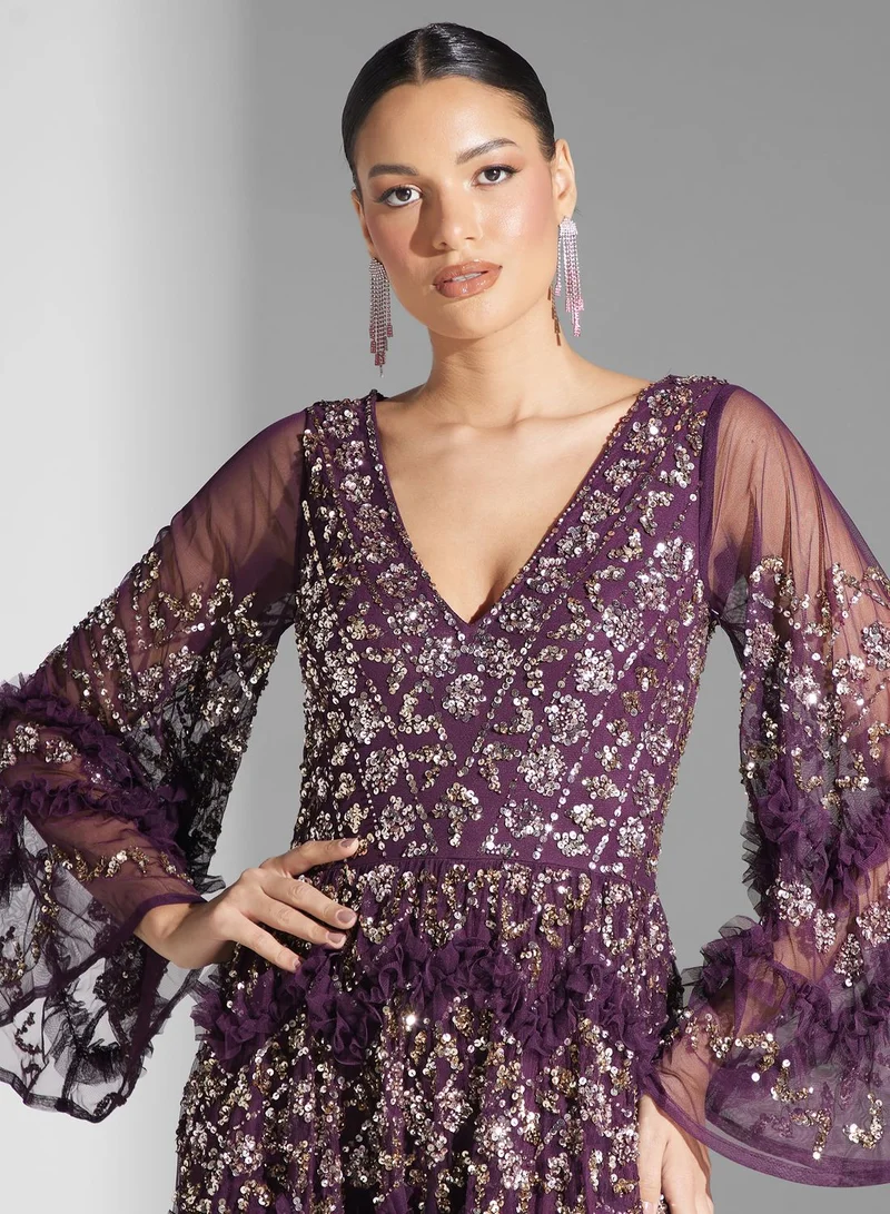 Maya Sequin Ruffle Gown Dress