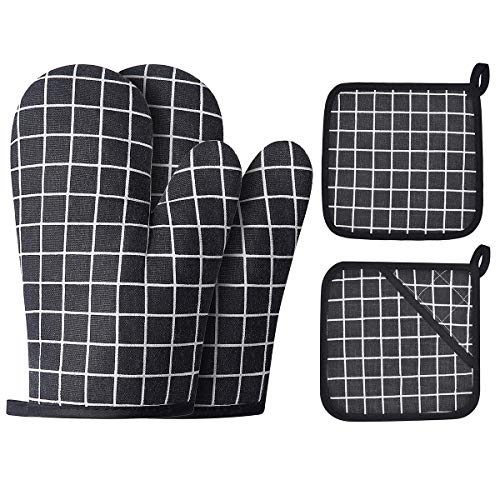 Win Change Oven Mitts and Potholders BBQ GlovesOven Mitts and Pot Holders with Recycled Infill Silicone NonSlip Cooking Gloves for Cooking Baking Grilling 4Piece SetBlack