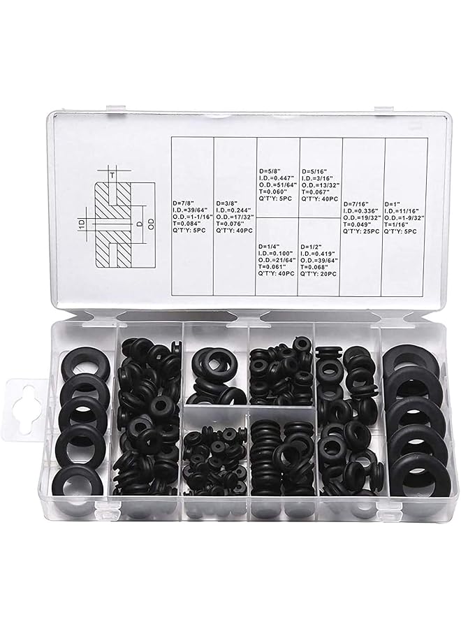 PROMASS 180 Pieces Rubber Grommet Assortment Kit Electrical Conductor Gasket Ring Set, 8 Different Sizes, Ideal for Wire, Plug, Automotive, Plumbing, etc (180pcs) - Image 1