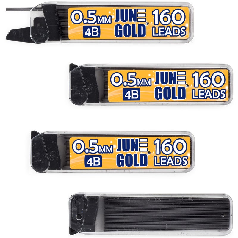 June Gold 640 Pieces, 0.5 mm 4B Lead Refills, 160 Pieces Per Dispenser, Fine Thickness, Break Resistant Lead/Graphite (Pack of 4 Dispensers) - Image 1
