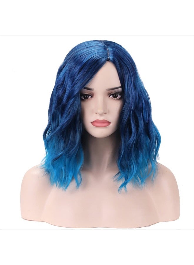 BERON Blue Wig Short Curly Wig Mix Blue Bob Wig Charming Women Girls Beach Wave Wigs Blue Wigs for Cosplay Costume Party Wig Cap Included - Image 1
