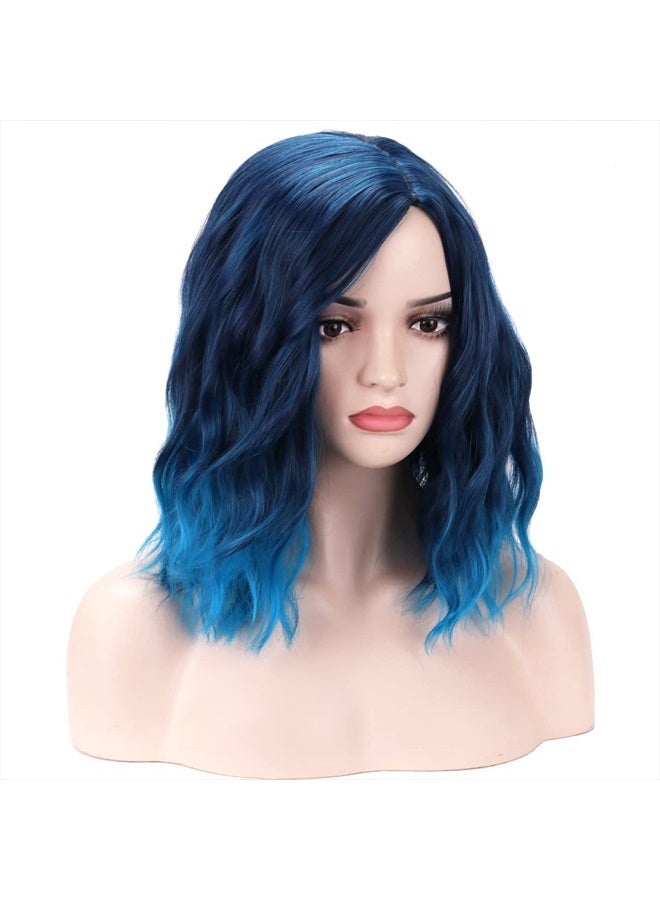 BERON Blue Wig Short Curly Wig Mix Blue Bob Wig Charming Women Girls Beach Wave Wigs Blue Wigs for Cosplay Costume Party Wig Cap Included - Image 2