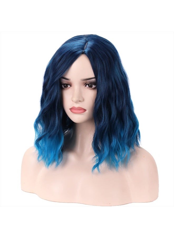 BERON Blue Wig Short Curly Wig Mix Blue Bob Wig Charming Women Girls Beach Wave Wigs Blue Wigs for Cosplay Costume Party Wig Cap Included - Image 3