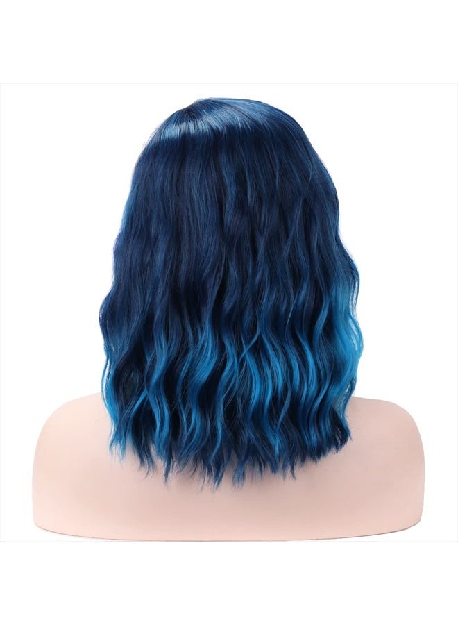BERON Blue Wig Short Curly Wig Mix Blue Bob Wig Charming Women Girls Beach Wave Wigs Blue Wigs for Cosplay Costume Party Wig Cap Included - Image 4