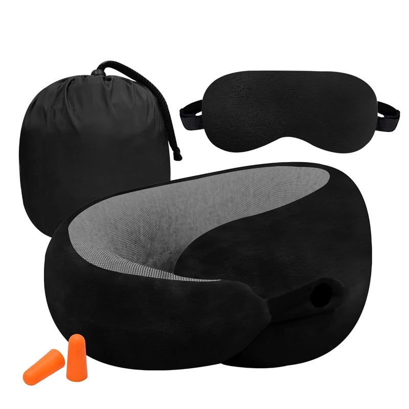GREELI Premium Memory Foam Neck Pillow for Travel Compact Portable Airplane Travel Pillow Combo with Soft Eye Mask and Carry Bag Black - Image 1