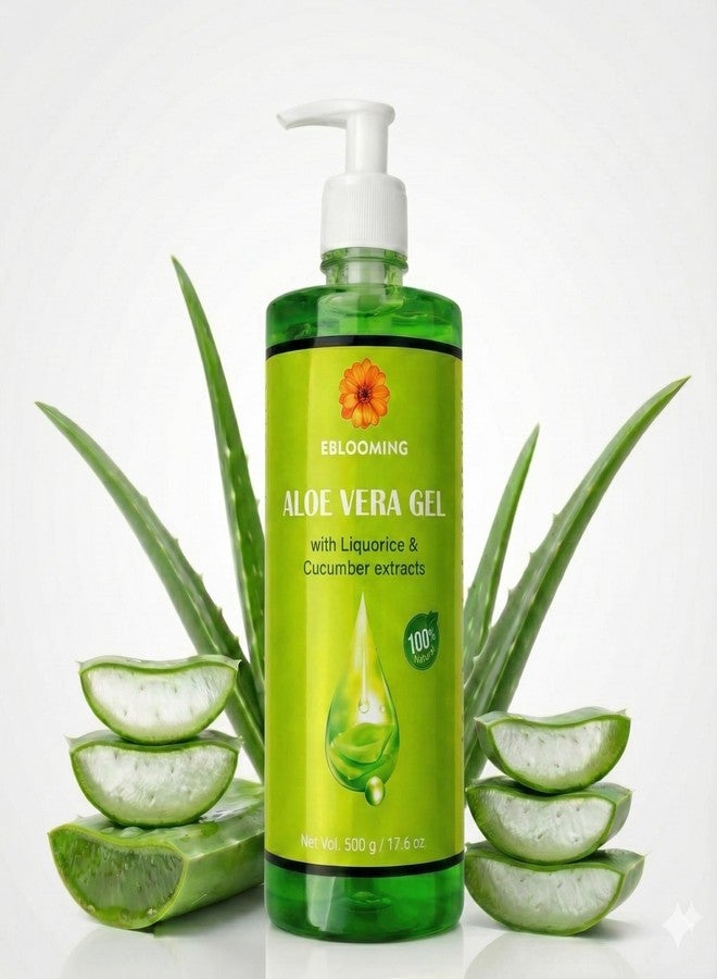 Eblooming Aloe Vera Gel - 500g | Hydrating Gel Infused with Pure Aloe Vera, Liquorice & Cucumber Extract for Radiant Skin & Luscious Hair | Suitable for All Skin Types | Ultimate Glow Solution - Image 1