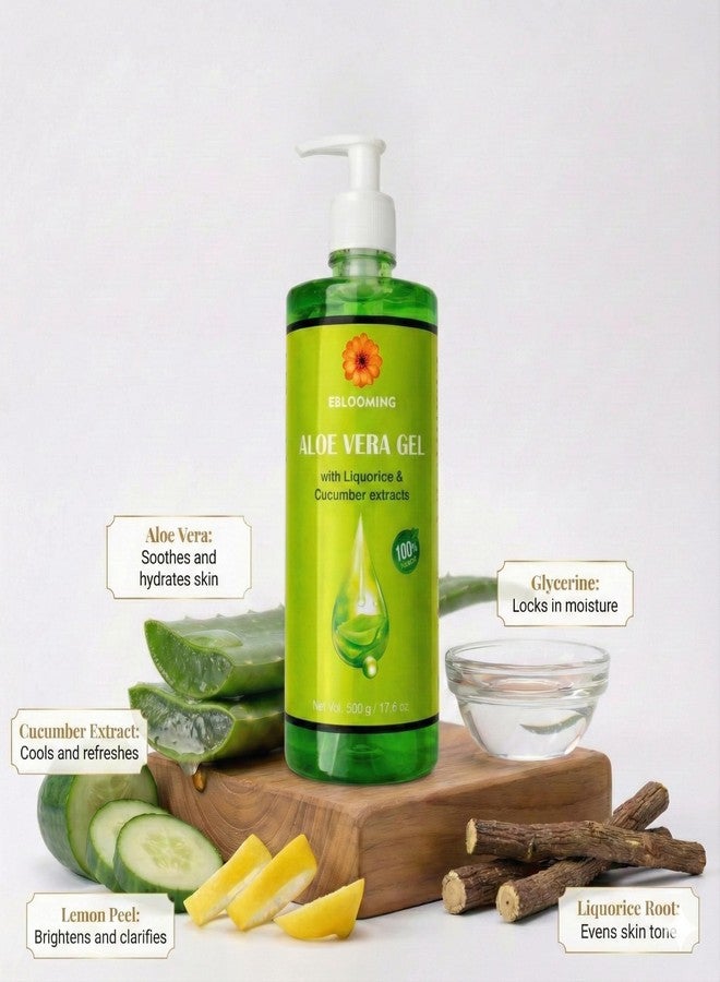 Eblooming Aloe Vera Gel - 500g | Hydrating Gel Infused with Pure Aloe Vera, Liquorice & Cucumber Extract for Radiant Skin & Luscious Hair | Suitable for All Skin Types | Ultimate Glow Solution - Image 2