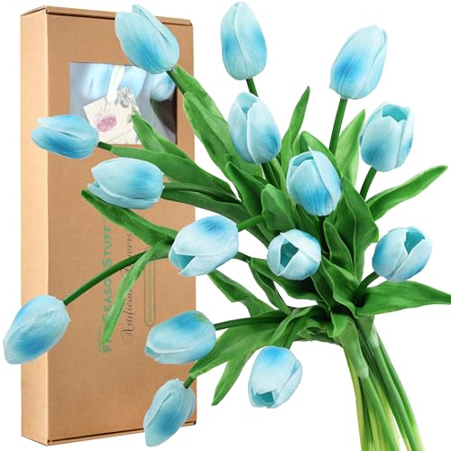 FiveSeasonStuff Real Touch Tulips Artificial Flowers – 15 Stems Faux Tulip Bouquet in Gift Box for Wedding, Home Decor, Party, Floral Arrangements (Arctic Blue) - Image 1