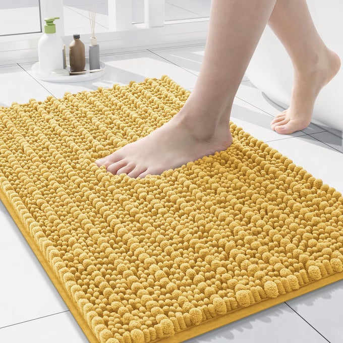 LUXURY CHENILLE BATHROOM RUG MAT EXTRA SOFT THICK ABSORBENT SHAGGY BATH RUGS NONSLIP MACHINE WASH DRY PLUSH BATH MATS FOR BATHROOM SHOWER AND TUB 24X16 YELLOW
