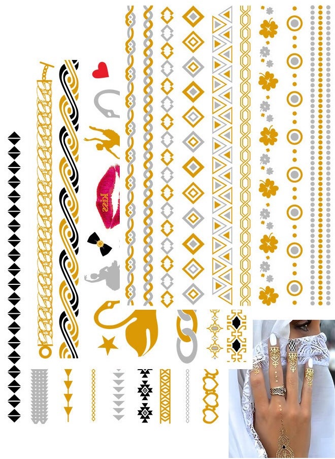 Generic - 3 Sheets Metallic Gold Temporary Tattoos, Shimmer Waterproof Fake Tattoos Long Lasting Glitter Stickers - Image 1