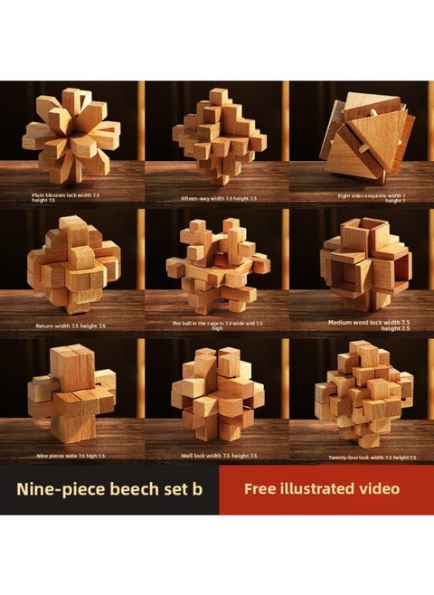 Luban Lock Kongming Lock Complete Set Of Kidsren's Toys For Primary School Students Over 10 Years Old 12 Mortise And Tenon Building Blocks Intelligence Unlocking-Color:Nine-piece Beech Wood Set B (recommended For Primary School Students)