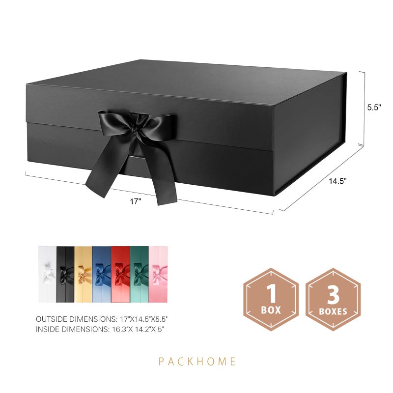 PACKHOME 17x14.5x5.5 Inches, Extra Large Gift Box with Lid, Magnetic Closure Boxes with Ribbon for Clothes and Large Gifts (Glossy Black) - Image 2