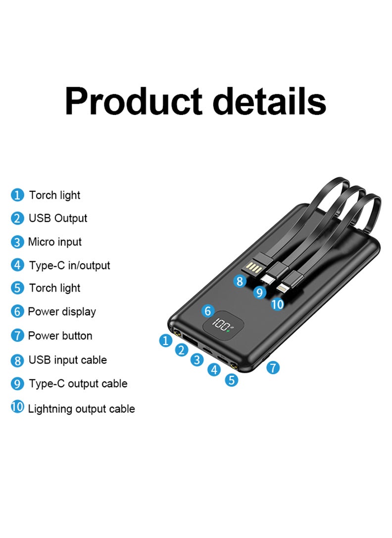 Theodor - Power Bank USB C 10000mAh,Portable Charger with Built in Cable,PD & QC 20W Fast Charging Battery Charger,4 Output 2 Input LED Display External Battery Compatible with iPhone, Android- Blue - Image 1
