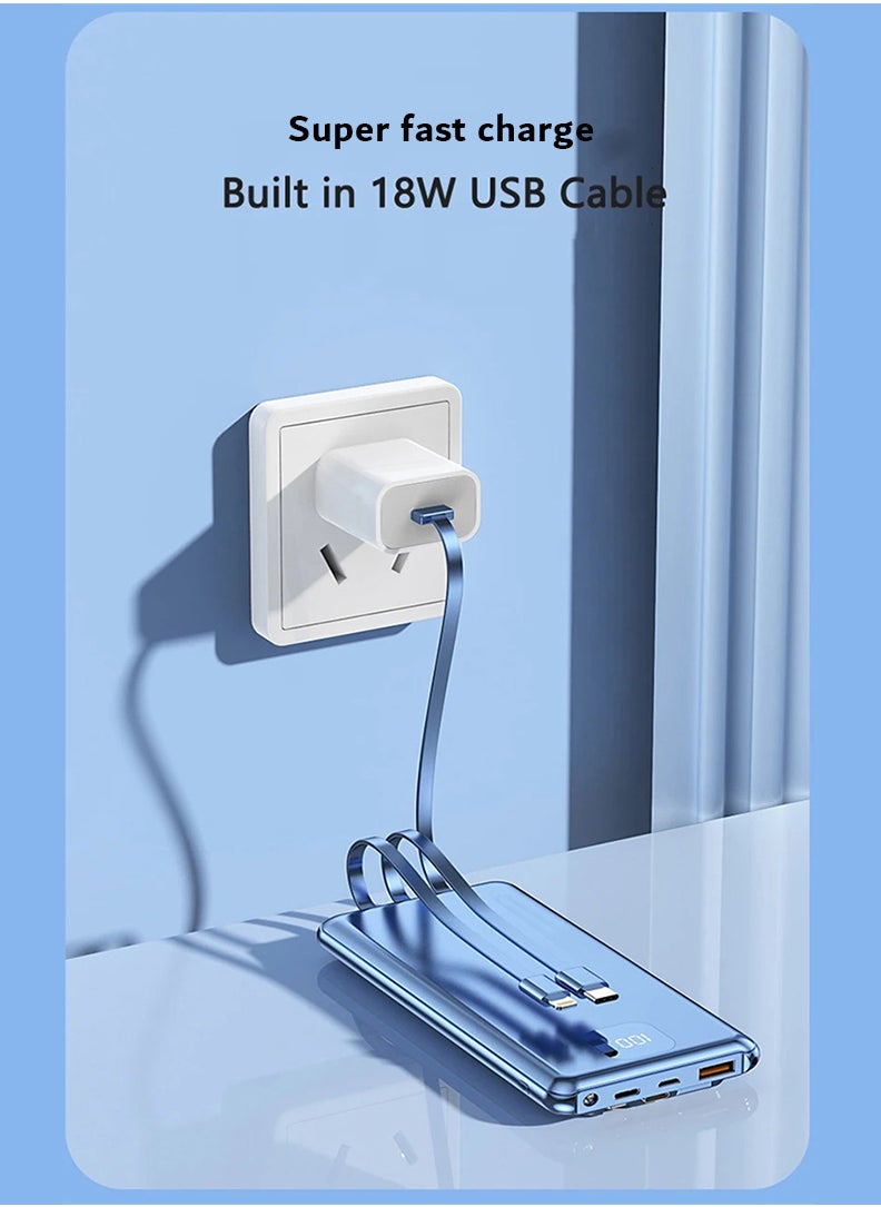 Theodor - Power Bank USB C 10000mAh,Portable Charger with Built in Cable,PD & QC 20W Fast Charging Battery Charger,4 Output 2 Input LED Display External Battery Compatible with iPhone, Android- Blue - Image 1