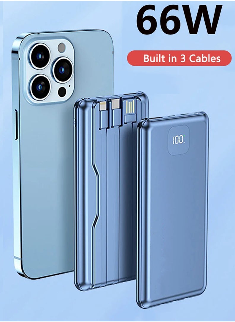Theodor - Power Bank USB C 10000mAh,Portable Charger with Built in Cable,PD & QC 20W Fast Charging Battery Charger,4 Output 2 Input LED Display External Battery Compatible with iPhone, Android- Blue - Image 1