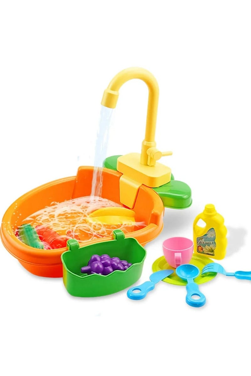 Electric Sink Toy for Kids – Running Water Kitchen Set with Dishes, Vegetables & Utensils – Pretend Play Washing Game