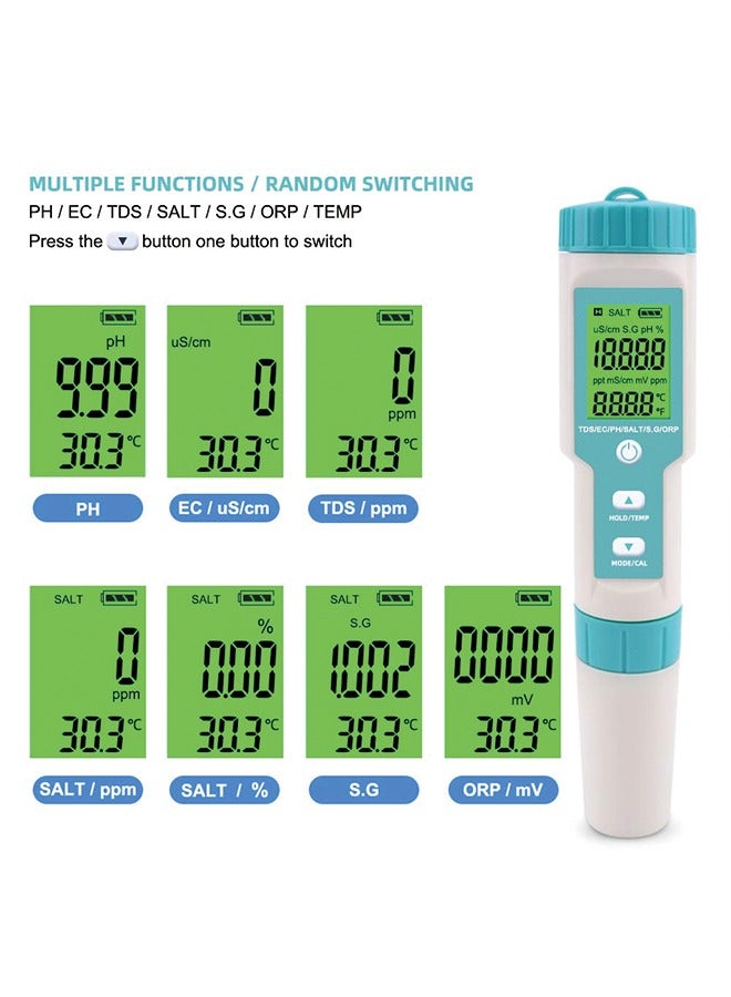 7 في 1 مقياس درجة الحموضة Gomass 0.01 عالي الدقة مختبر بي اتش رقمي للمياه TDS/EC/الملوحة/درجة الحرارة/ORP/S. قلم G/PH لاختبار مياه الشرب والزراعة المائية والنباتات وأحواض السمك وحمام السباحة - Image 2