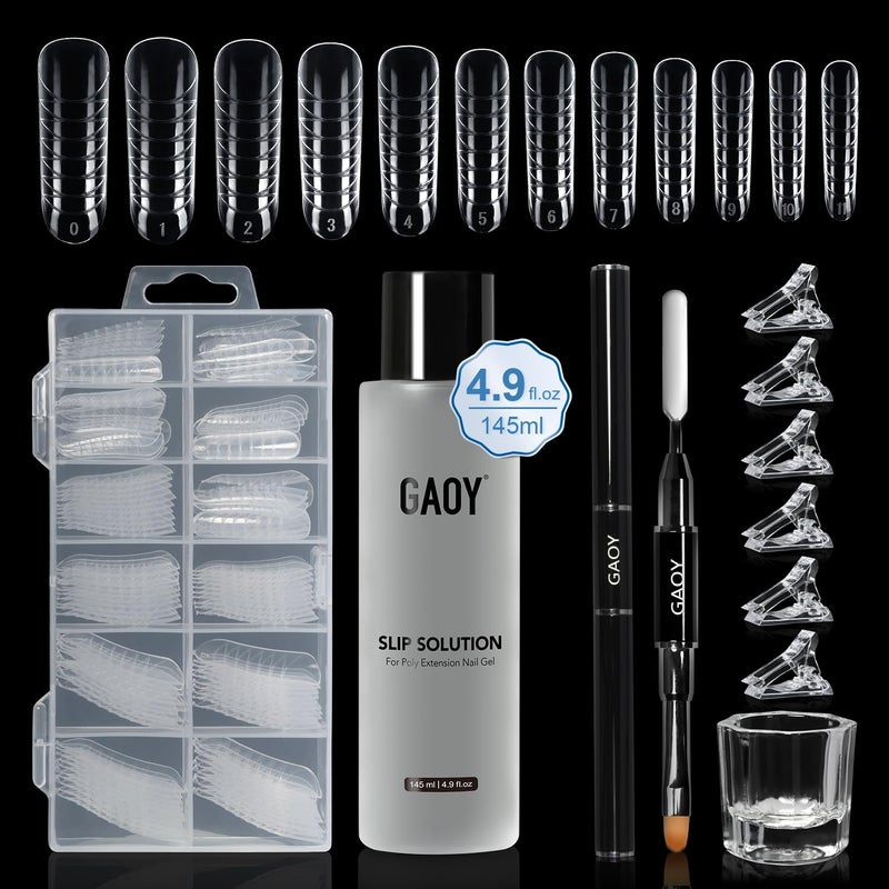 GAOY Slip Solution Kit for Poly Gel Nails, 145ml Nail Extension Gel Liquid Solution, Anti-stick Liquid with Brush and Dual Forms for Nail Art DIY - Image 1