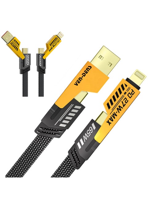 65W Multi-function Fast USB C Charging Cable, 4-IN-1 Gold Plated 27W Type-C To Lightning Cable, Compatible with USB-C Laptops MacBook Pro, ThinkPad, Dell, iPhone Series, Samsung Phones,【1.2M】