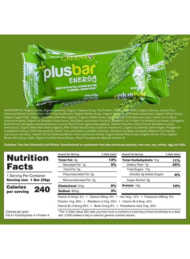 Greens+ Plusbar Energy Bars, Natural, Gluten Free Healthy Snacks with Organic Super Greens, Superfoods & Almond Butter, Vegan, Dairy Free & Non GMO, 10g Protein Meal Replacement Bars, 12 Bars  - Image 2