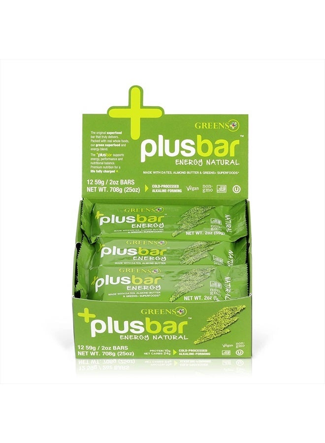 Greens+ Plusbar Energy Bars, Natural, Gluten Free Healthy Snacks with Organic Super Greens, Superfoods & Almond Butter, Vegan, Dairy Free & Non GMO, 10g Protein Meal Replacement Bars, 12 Bars  - Image 1