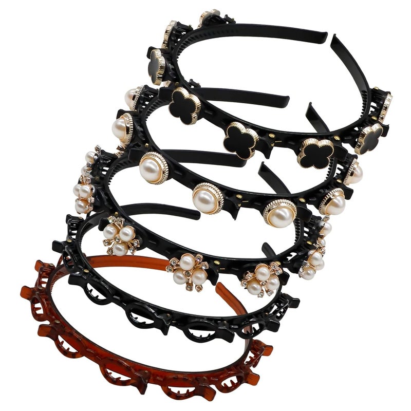 5Pcs Double Bangs Hairstyle Hairpin Double Layer Twist Plait with Rhinestone Korean Braided Headbands with Clips Woven Flower Hair Accessories for Women Girls Womens Day Black Brown
