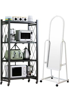 Cady One 2 in 1 Kitchen Storage Rack Set Iron 4 Folding Shelf and Standing Mirror with Adjustable Wheels White 153x40cm  - Image 1