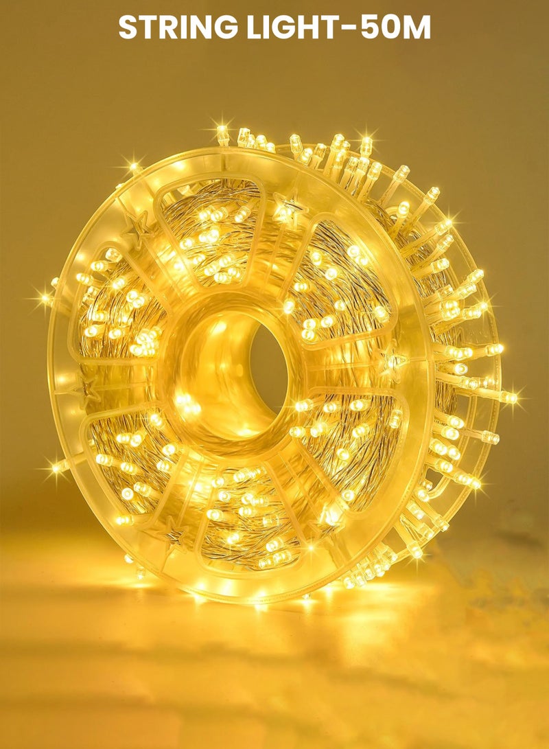 NextWave 50M LED String Lights Reel for Indoor Outdoor Use Festive Lights Plug in Twinkle Lights for Trees Room Bedroom Wedding Birthday Eid Ramadan Diwali New Year Warm White Clear Wire Balcony Room Home Decor Essentials Golden - Image 1