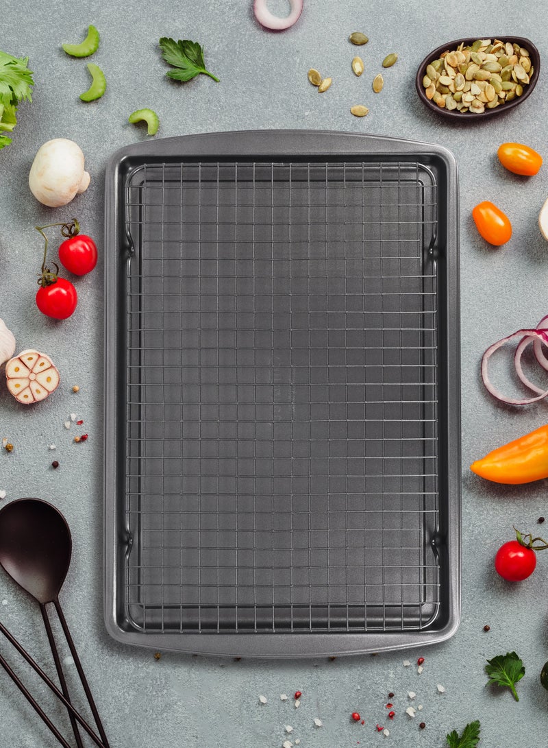 Ollieroo Bakeware Set with Cooling Rack 2 Pcs Oven Pan and Cooling Rack Combo for Baking Roasting Cooling Multipurpose Kitchen Bakeware 42.5x28x1.7cm and 37.7x25.5x1.5cm - Image 1