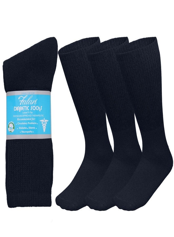 Falari 3-Pack Physicians Approved Diabetic Socks Cotton Non-Binding Loose Fit Top Help Blood Circulation 9-11 Crew Length - Navy - Image 1