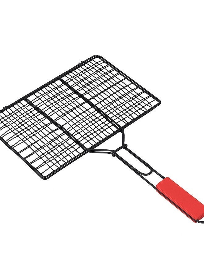 تويجا شبكة شواء بمقبض خشبي | شبكة مزدوجة الطبقات من الفولاذ المقاوم للصدأ للأسماك واللحوم والكباب والنقانق والخضراوات | شبكة شواء قابلة للقفل للشواء على الفحم والتخييم في الهواء الطلق - Image 2