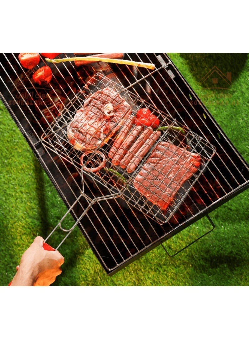 تويجا شبكة شواء بمقبض خشبي | شبكة مزدوجة الطبقات من الفولاذ المقاوم للصدأ للأسماك واللحوم والكباب والنقانق والخضراوات | شبكة شواء قابلة للقفل للشواء على الفحم والتخييم في الهواء الطلق - Image 1