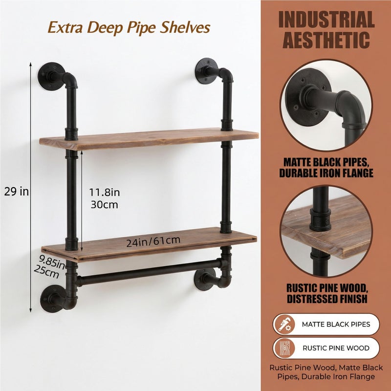 ROGMARS Industrial Pipe Shelving Bathroom Pipe Shelves with Towel Bar Over Toilet, 24 inch Pine Wood Floating Shelves for Wall Mounted Bedroom,Kitchen, Farmhouse, Living Room - Image 5