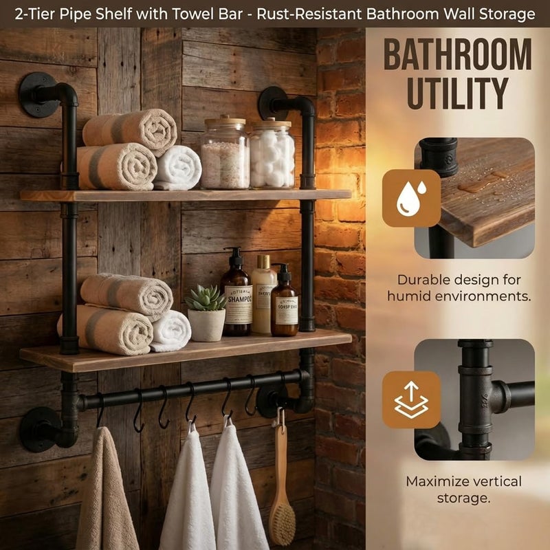 ROGMARS Industrial Pipe Shelving Bathroom Pipe Shelves with Towel Bar Over Toilet, 24 inch Pine Wood Floating Shelves for Wall Mounted Bedroom,Kitchen, Farmhouse, Living Room - Image 2