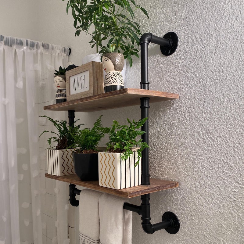 ROGMARS Industrial Pipe Shelving Bathroom Pipe Shelves with Towel Bar Over Toilet, 24 inch Pine Wood Floating Shelves for Wall Mounted Bedroom,Kitchen, Farmhouse, Living Room - Image 1
