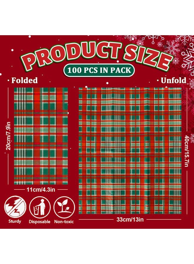 Whaline 100 Pack Christmas Guest Napkins Plaid Disposable Paper Napkins Red Green Checkered Bathroom Hand Napkin Towel for Xmas Party Supplies, 13 x 15.7 Inch - Image 2