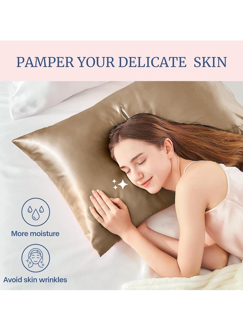 Set of 2 satin pillowcases, cool like silk, suitable for hair and skin, with a closed design, a gift for both men and women (standard size 48x74 cm, light brown) - Image 3
