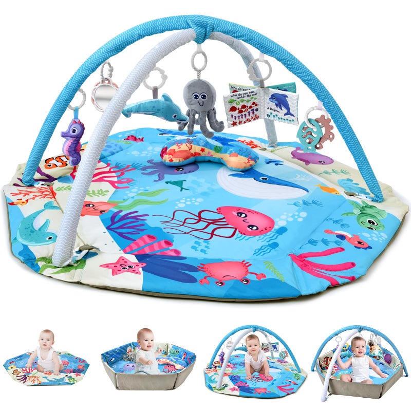 TFDER Baby Gym Play Mat 8in1 Tummy Time Mat Activity Gym Washable Ball Pit Infant Play Mat with Detachable Toys for Sensory Exploration and Motor Skill Development
