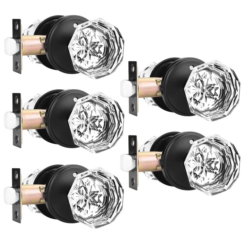 Orger 5 Pack Glass Door Knobs With Flat Black Rosette Bath/Bed Door Knobs For Privacy Use Keyless Interior Door Handles With Diamond Shape Crystal Glass And Zinc Alloy Base - Image 1