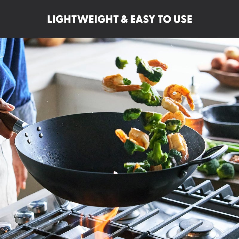 Greenpan مقلاة كربون ستيل 14 بوصة، قاع مسطح، مقلاة تحريك متينة، جاهزة للاستخدام، احتفاظ عالي بالحرارة، مناسبة للطبخ بالحث، مقبض خشب رماد، كيوتو، أسود - Image 5