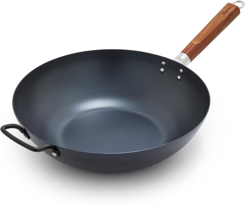 Greenpan مقلاة كربون ستيل 14 بوصة، قاع مسطح، مقلاة تحريك متينة، جاهزة للاستخدام، احتفاظ عالي بالحرارة، مناسبة للطبخ بالحث، مقبض خشب رماد، كيوتو، أسود - Image 1