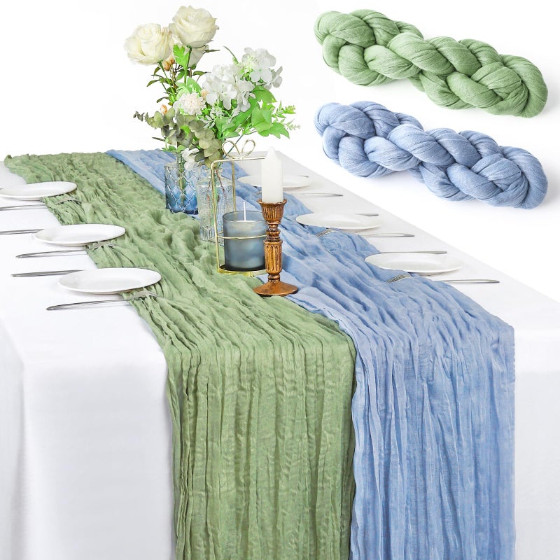 XSEINO 2 Pieces 10FT Sage Green and Dusty Blue Cheesecloth Table Runner Boho Gauze Fabric Table Runner Rustic Sheer Runner for Wedding Birthday Baby Shower Party Boho Table Decoration - Image 1