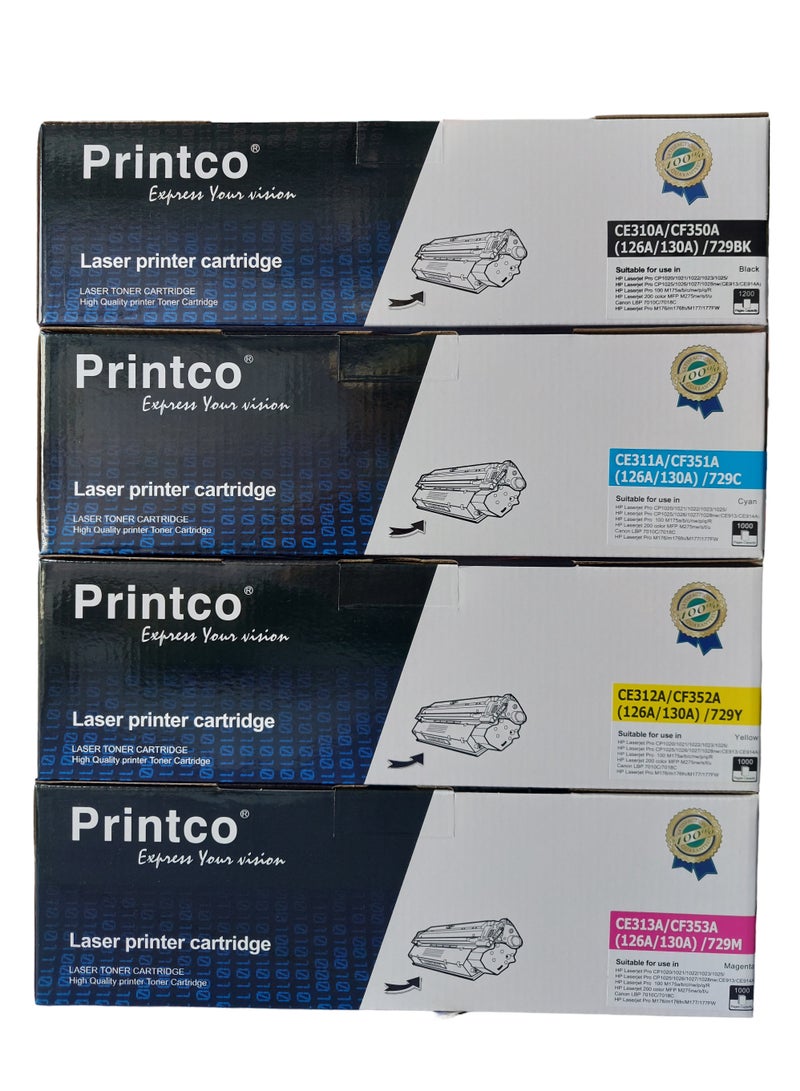 برينتكو حبر متوافق مع خرطوشة HP 130A حبر بديل لطابعة HP 130A CF351A CF352A CF353A يعمل مع طابعة Laserjet Pro Color MFP M177fw M176n M177 M176 (1 أسود، 1 سماوي، 1 أرجواني، 1 أصفر، عبوة من 4 قطع) - Image 1