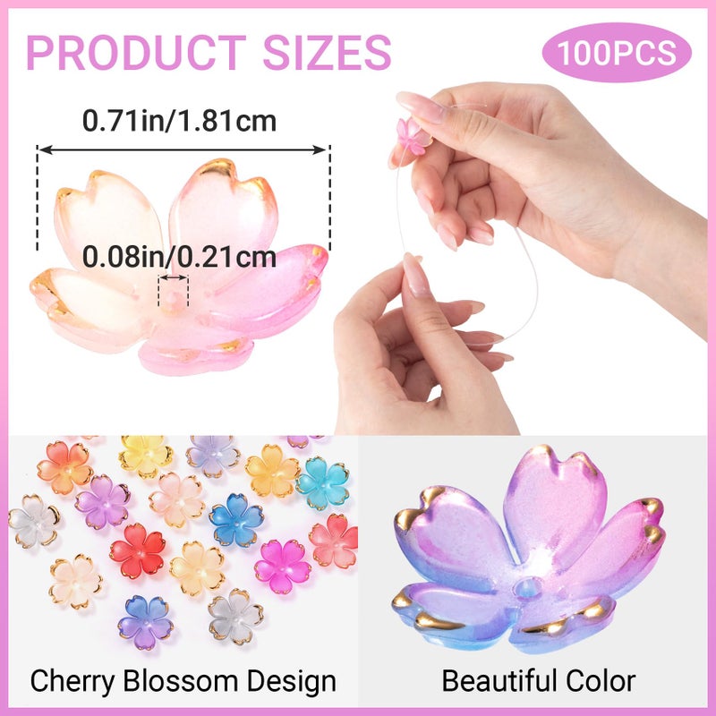 CTEAKOP 100 Pcs Flower Beads for Jewelry Making, Gold-Plated Flower Charms, Cherry Blossom Beads, Acrylic Floral Beads for Crafts, Bracelets (Multiple Colors) - Image 2